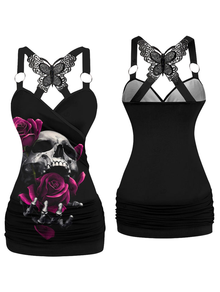 Gothic Butterfly Lace Ruched Surplice Tank Top - Rose& Skulls Pattern