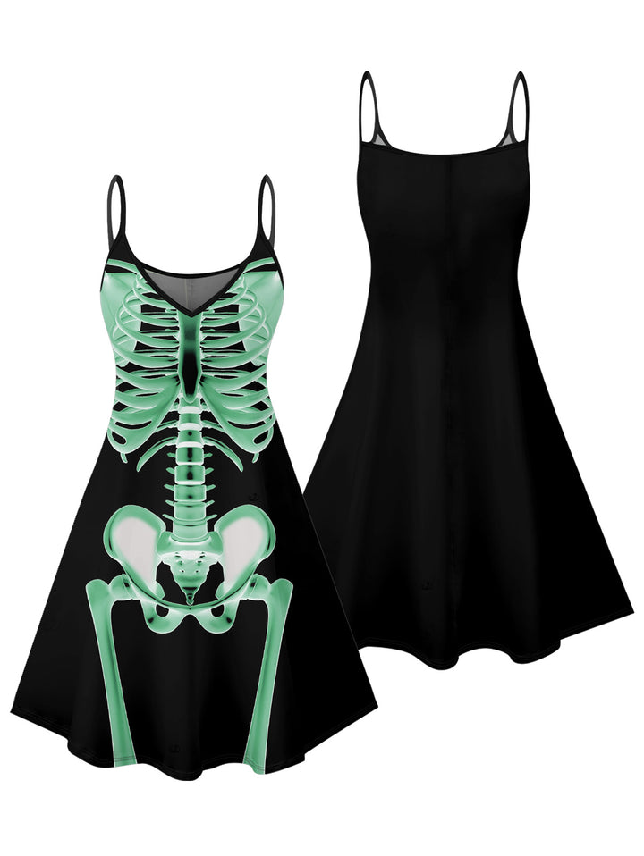 Skeleton Print Gothic Dress for Halloween Spaghetti Strap Mini Dress
