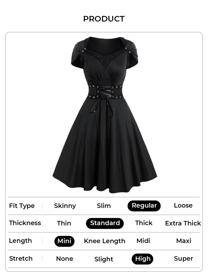 Gothic Grommet Lace Up Lace Panel High Waisted Dress
