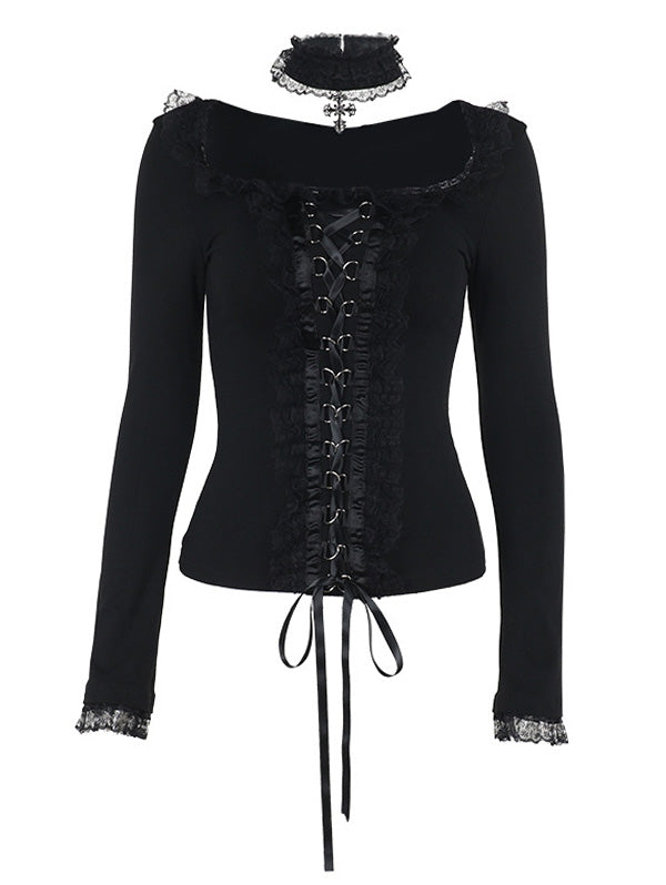 Gothic Lace Trim Tie-Front Long Sleeve Top