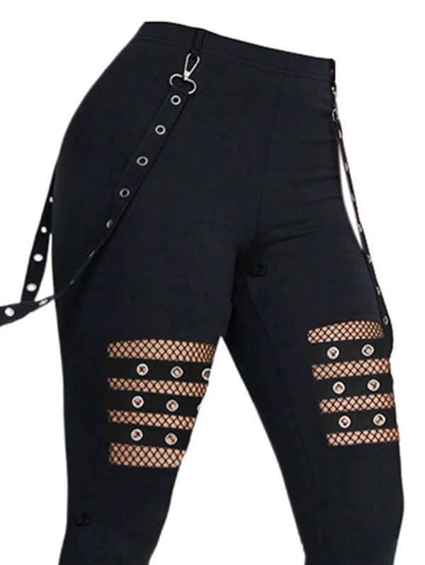 Hollow Out Solid Color Gothic Pants Grommet Chain High Waisted Long Skinny Pants