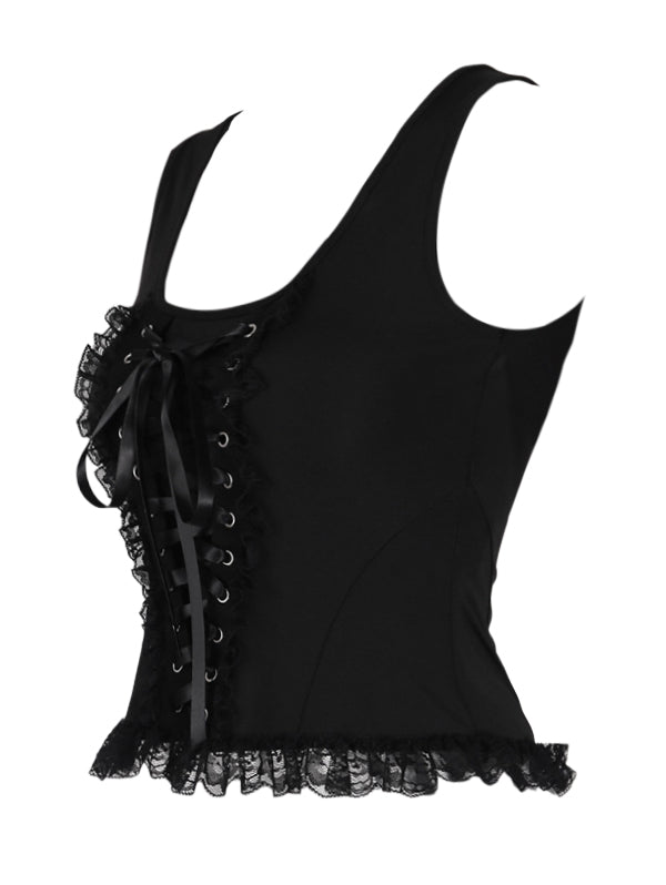 Knitted Lace Trim Square Neck Tie-Up Tank Top