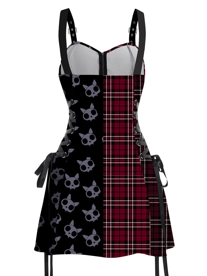 Gothic Plaid & Cat Skulls Print  Dress Lace Up Buckle Strap Mini Dress for Halloween-Red