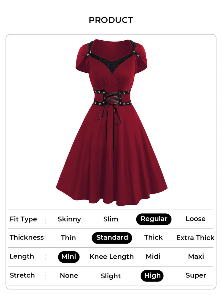 Gothic Grommet Lace Up Lace Panel High Waisted Dress