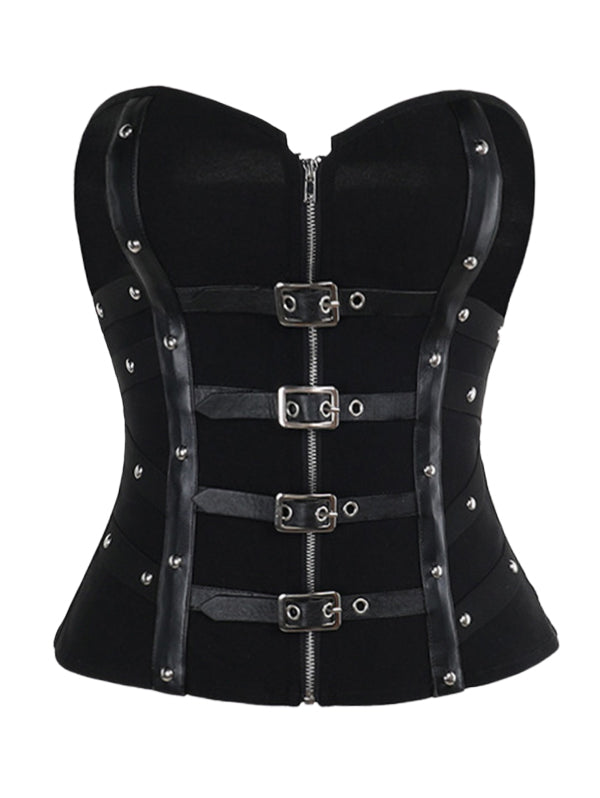 Punk Style Black Strapless Boned Bustier Top with Leather Buckles