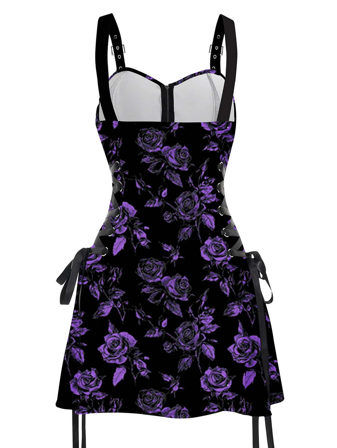 Allover Rose Leaf Pattern Lace Up Gothic A Line Mini Vacation Dress