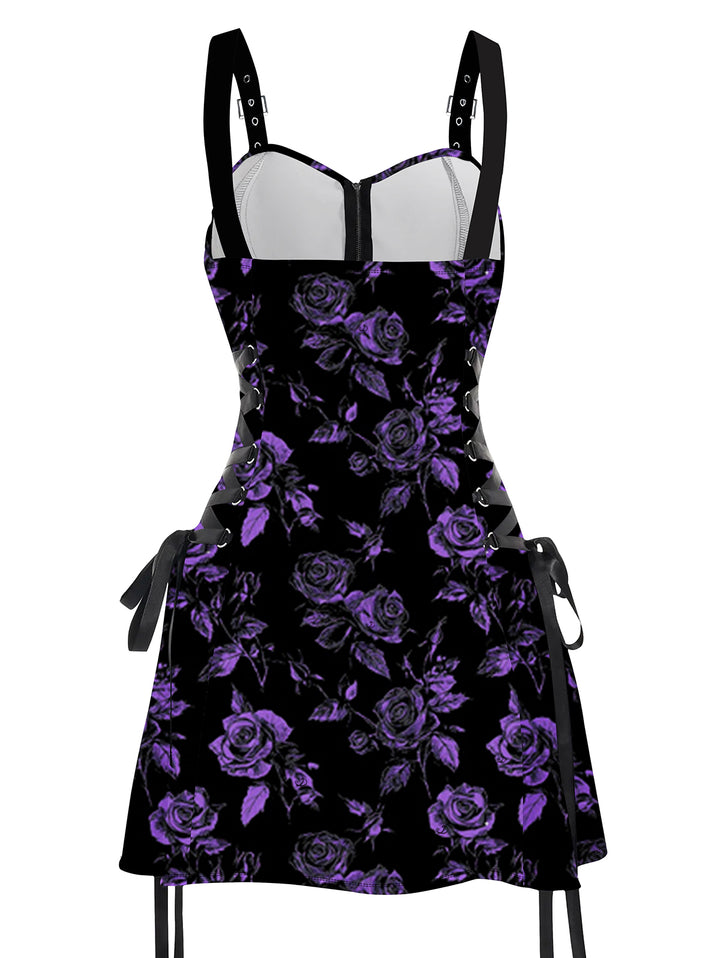 Allover Rose Leaf Pattern Lace Up Gothic A Line Mini Vacation Dress