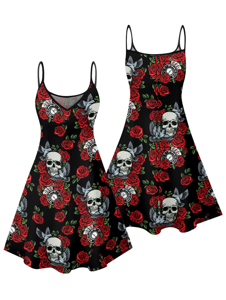 Gothic Rose Leaf Retro Skulls Print Dress Spaghetti Strap Mini Dress