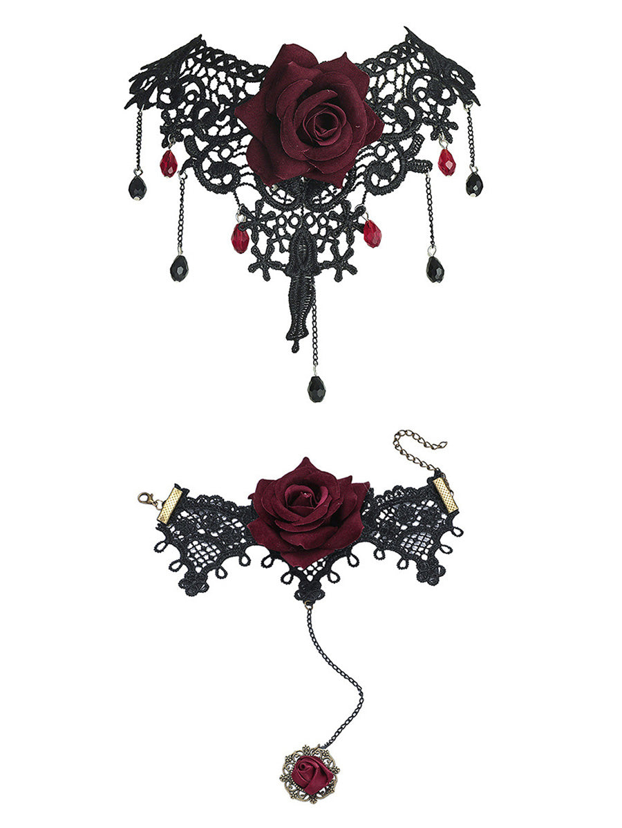 Gothic Rose Choker and Bracelet with Ring Vintage Accessories Set