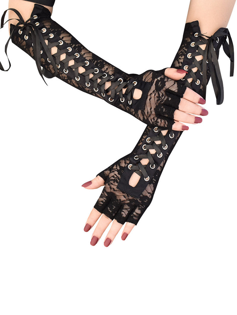 Gothic Lace Up Forearm Gloves Lace Panel Fingerless Gloves