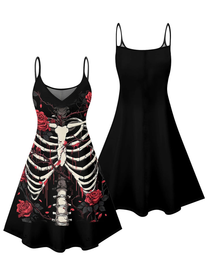 Skull Rose Print Gothic Dress Spaghetti Strap Mini Dress for Halloween