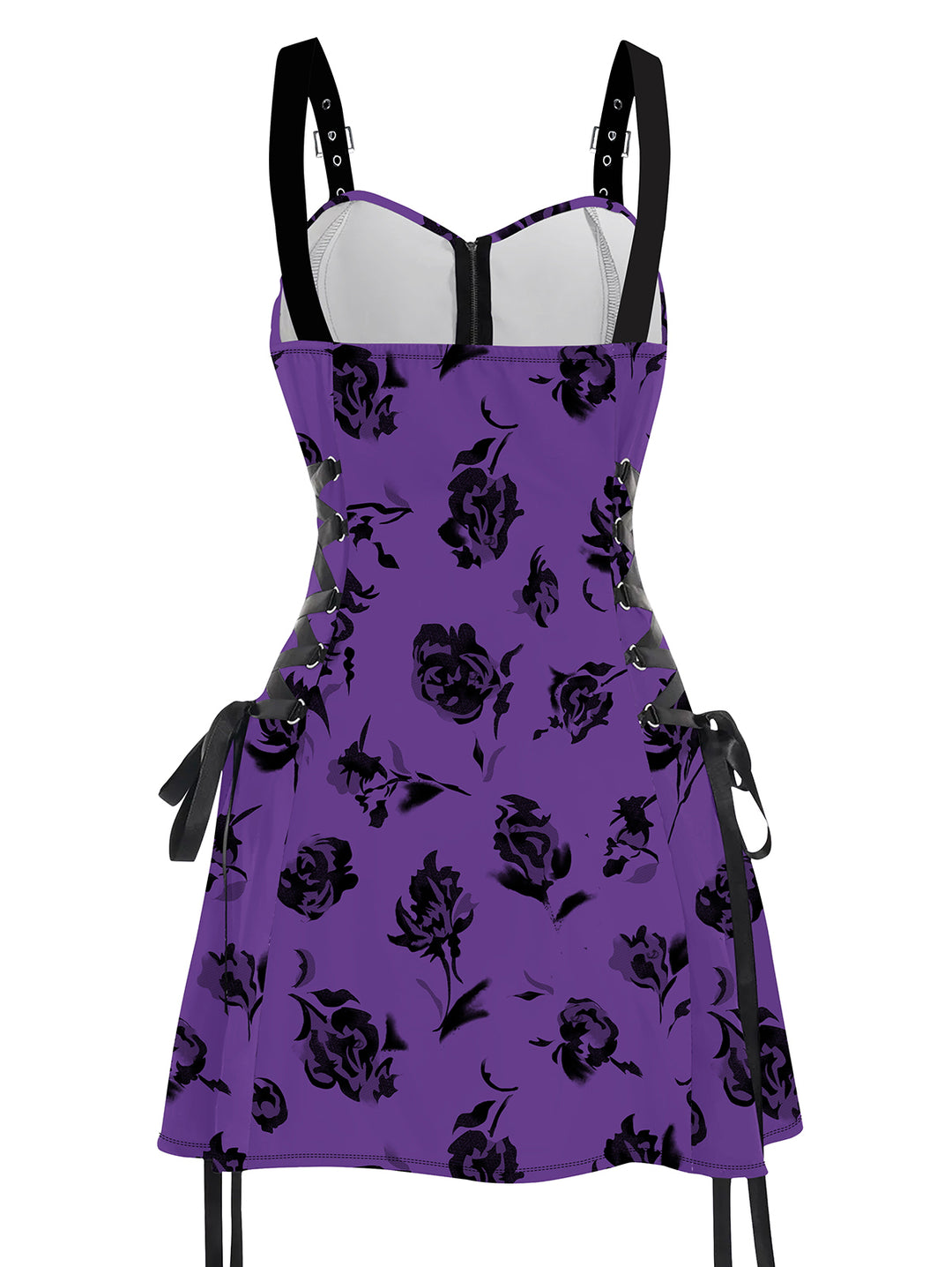 Gothic Flower Leaf Print Lace Up Half Zipper  Buckle Strap A Line Mini Dress