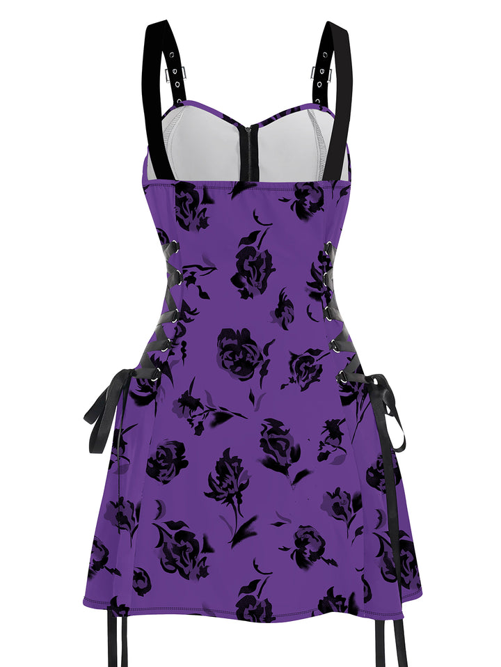 Gothic Flower Leaf Print Lace Up Half Zipper  Buckle Strap A Line Mini Dress