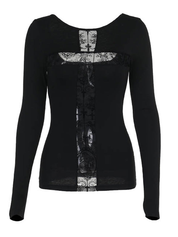 Off-Shoulder Cross Cutout Patchwork Long Sleeve Top