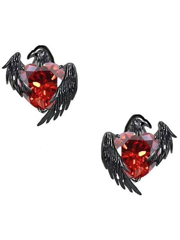 Gothic Raven Wings Artificial Heart Gem Necklace &Earrings Set