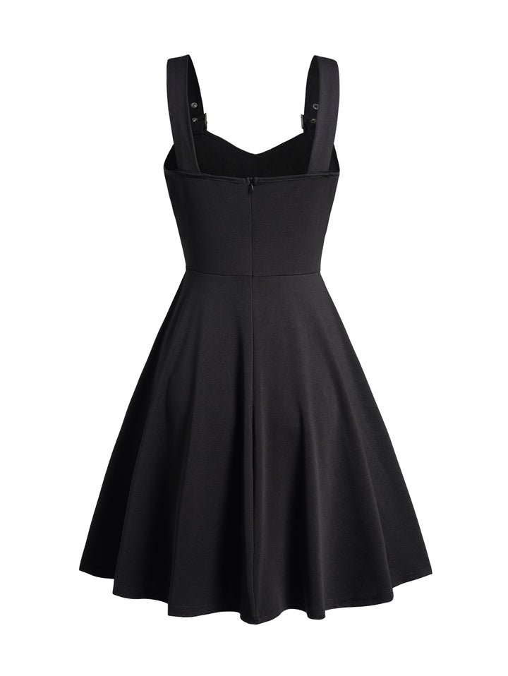 Grommet Buckle Strap Punk Dress Plain Color Sleeveless A Line Mini Dress