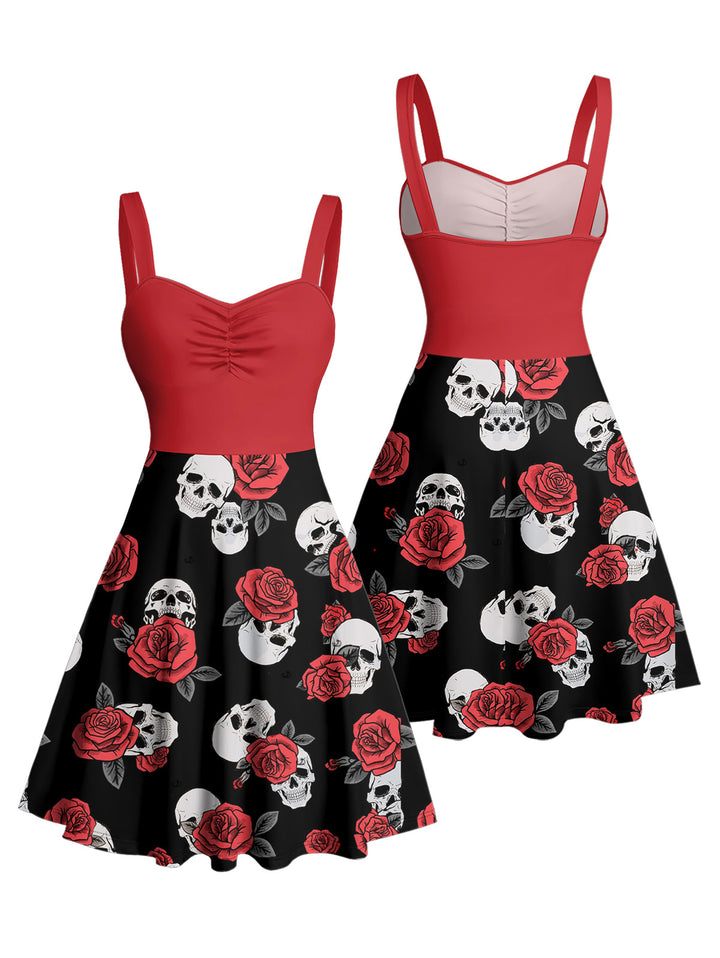 Gothic Skulls Print Ruched Bust Sweetheart Neck A Line Mini Dress