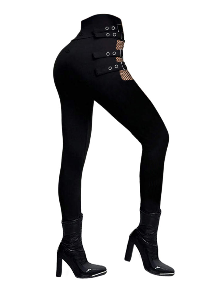 Solid Color Hollow Out Gothic Pants Square Buckle Strap High Waisted Skinny Long Pants