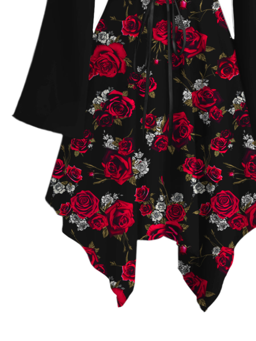 Gothic Rose Print Lace Up Ruffle Off the Shoulder Asymmetrical Hem Midi Dress