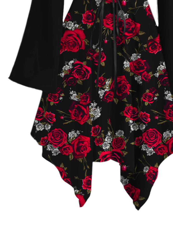 Gothic Rose Print Lace Up Ruffle Off the Shoulder Asymmetrical Hem Midi Dress