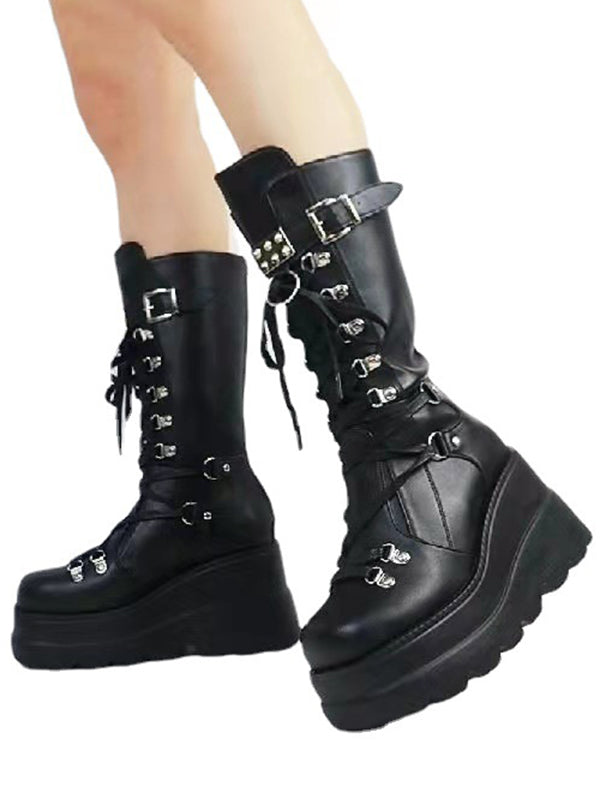 Punk Style Black Lace Up Rivet Martin Boots-Buckle Strap& Back Zipper &Thick Platform