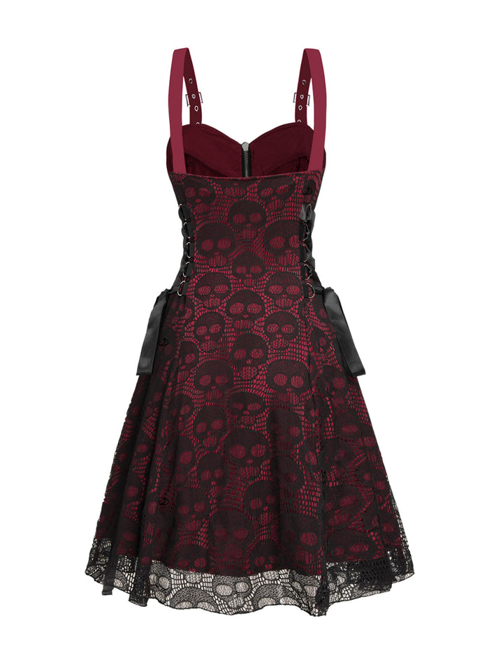 Gothic Rose&Skull Print Lace Half Zipper Buckle Strap A Line Mini Dress
