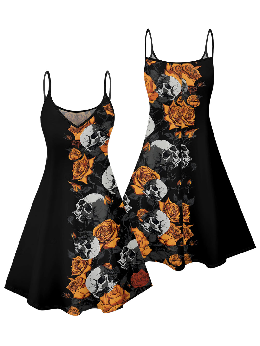 Gothic Skulls Orange Rose Pattern V Neck A Line Mini Dress