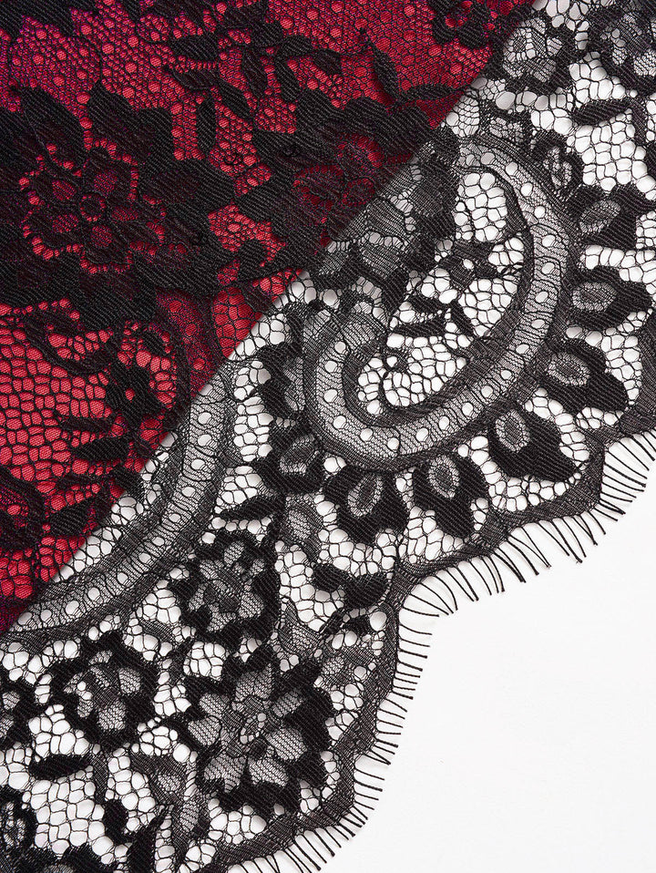 Allover Flower Print Lace Mesh with Corset Belt Double Spaghetti Strap Cami Dress-Red