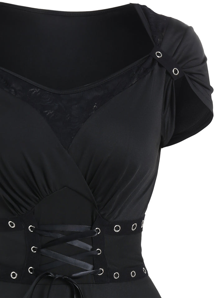Gothic Grommet Lace Up Lace Panel High Waisted Dress