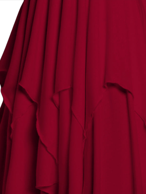 Red Layered Grommet Empire Waist Adjustable Strap Asymmetrical Midi Dress