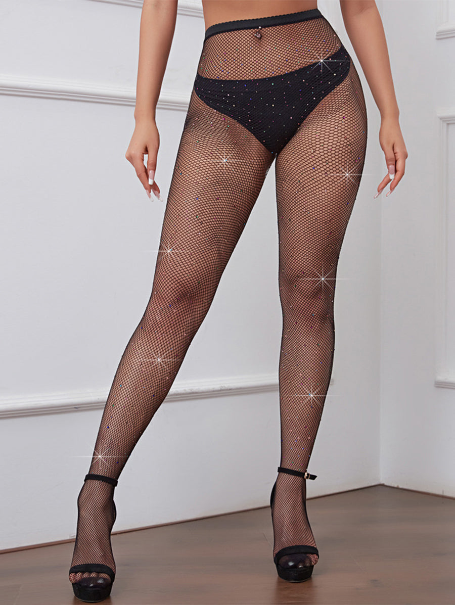 Rhinestone Hollow Out Fishnet Sheer Stockings High Waisted Skinny Pantyhose