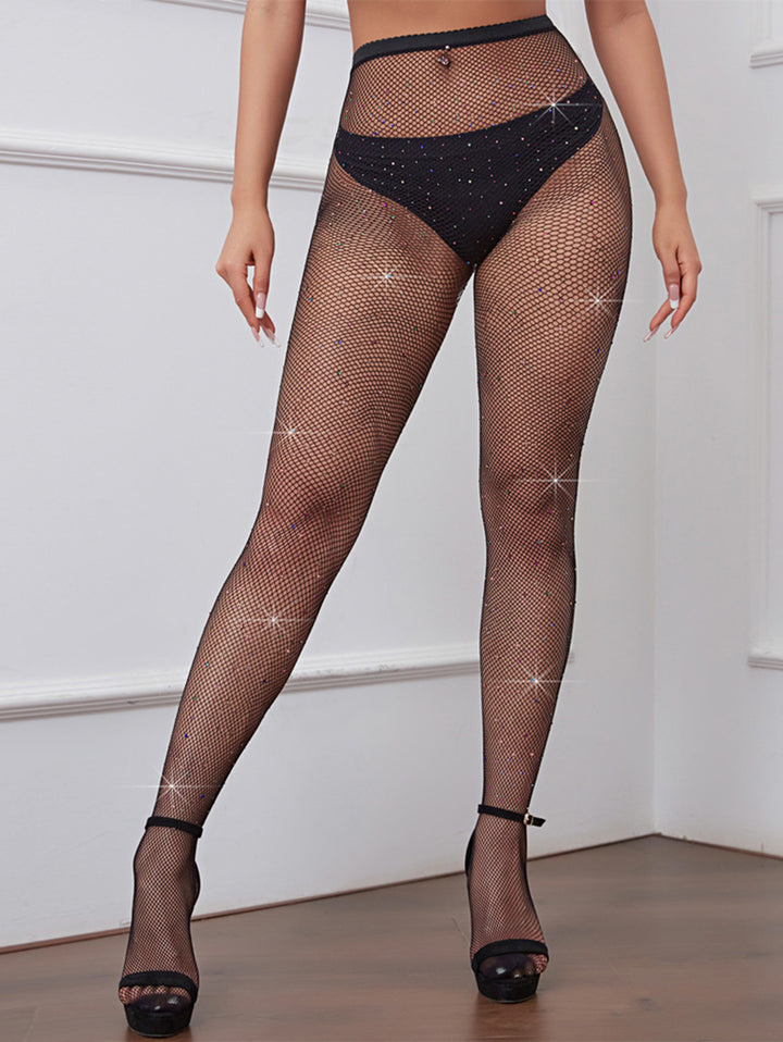 Rhinestone Hollow Out Fishnet Sheer Stockings High Waisted Skinny Pantyhose