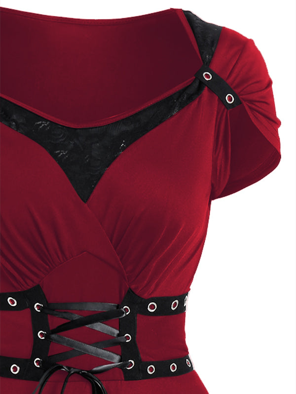 Gothic Grommet Lace Up Lace Panel High Waisted Dress