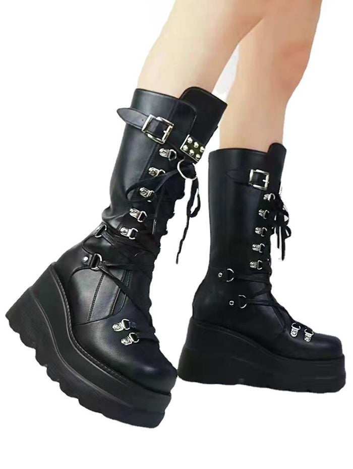 Punk Style Black Lace Up Rivet Martin Boots-Buckle Strap& Back Zipper &Thick Platform