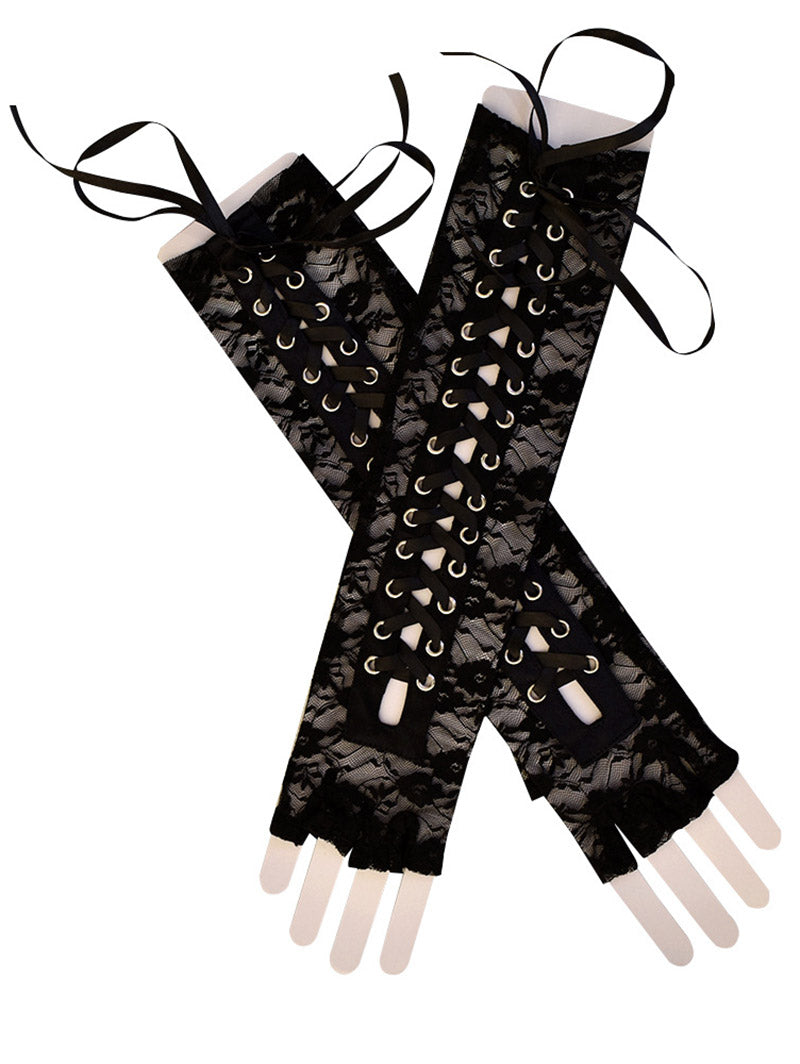 Gothic Lace Up Forearm Gloves Lace Panel Fingerless Gloves
