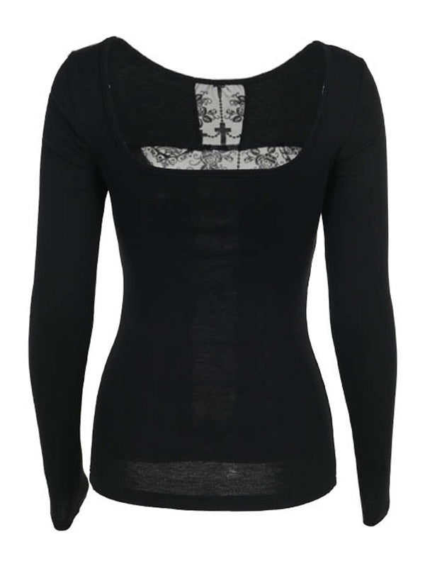 Off-Shoulder Cross Cutout Patchwork Long Sleeve Top