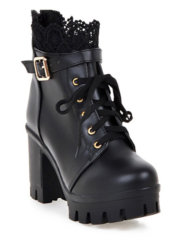 Lace Panel  Buckle Strap Chunky Heel Martin Boots