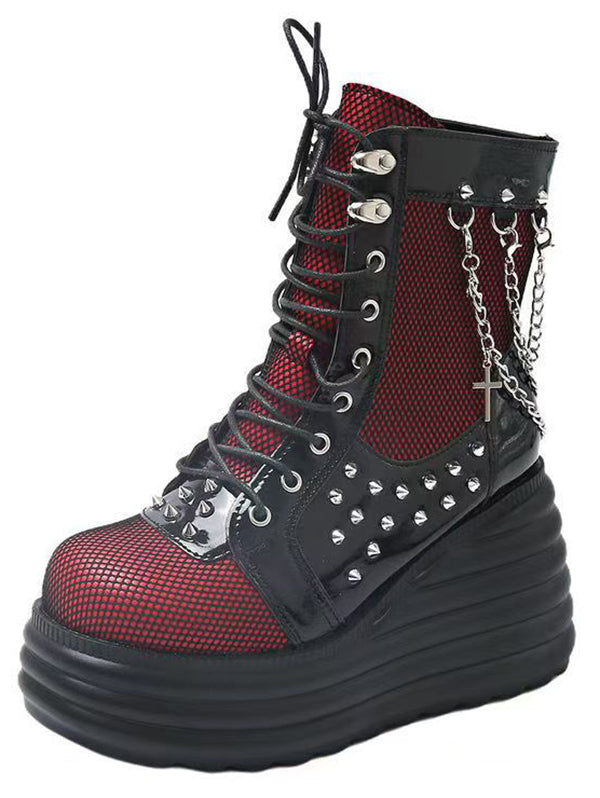 Gothic Lace Up Side Zipper Colorblock Rivet Chain Embellishment Martin Boots