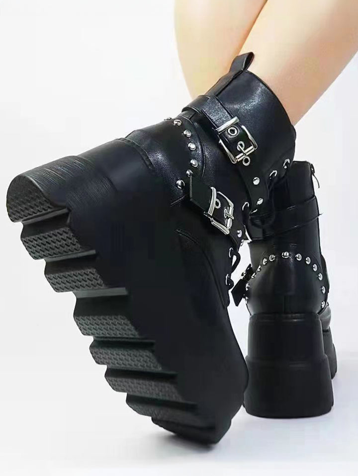 Gothic Chain Detail Chunky Sole Fashionable Double Buckle Straps Zipper Boots