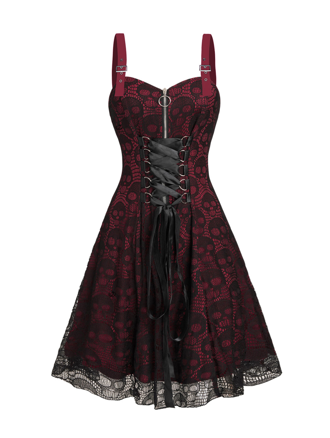 Gothic Rose&Skull Print Lace Half Zipper Buckle Strap A Line Mini Dress