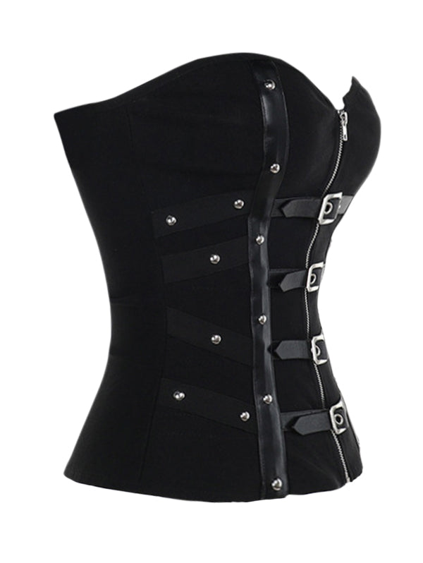 Punk Style Black Strapless Boned Bustier Top with Leather Buckles
