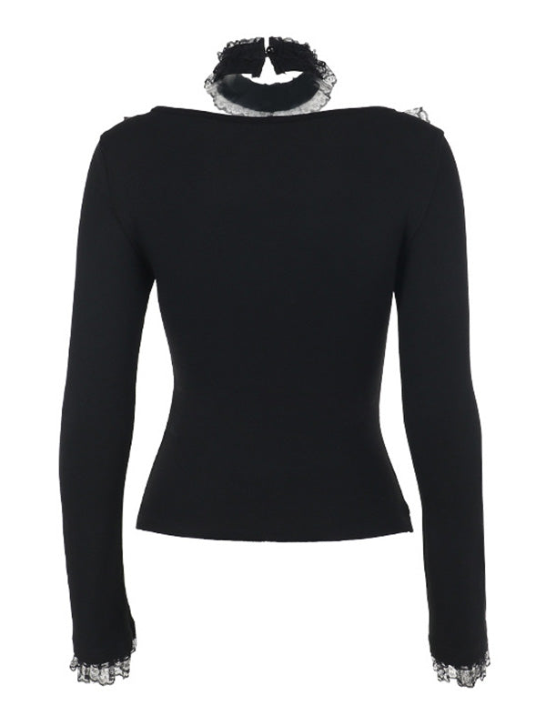 Gothic Lace Trim Tie-Front Long Sleeve Top