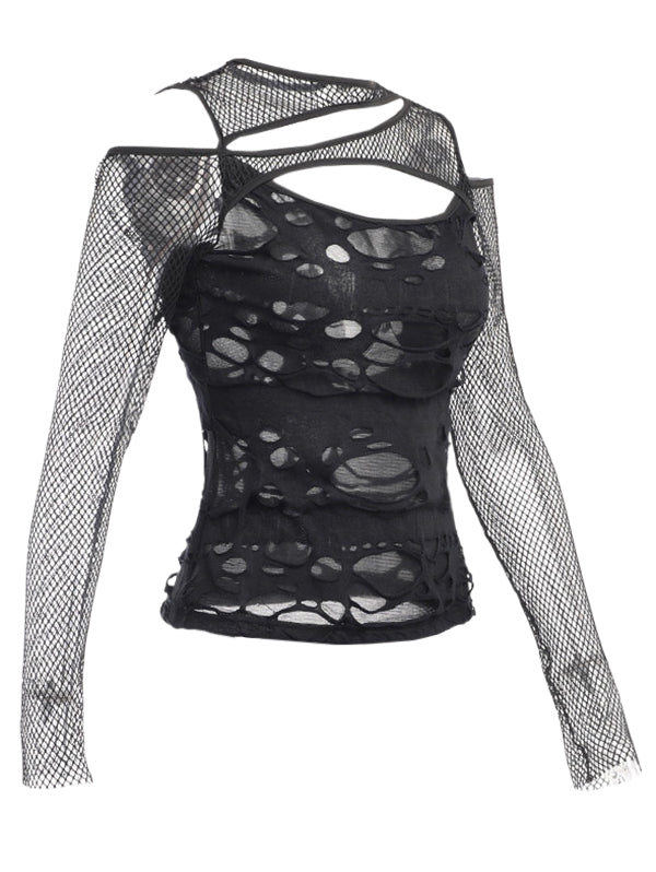 Punk Mesh See-Through Ripped Long Sleeve Blouse