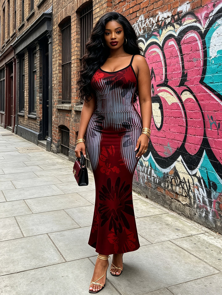 Vintage Burgundy Vertical Stripe Shadow Floral Print Spaghetti Strap Bodycon Maxi Dress