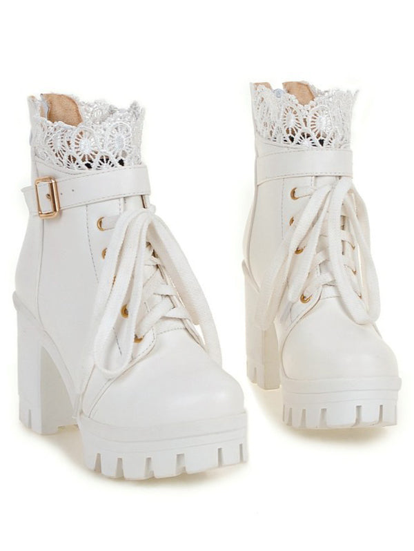 Lace Panel  Buckle Strap Chunky Heel Martin Boots