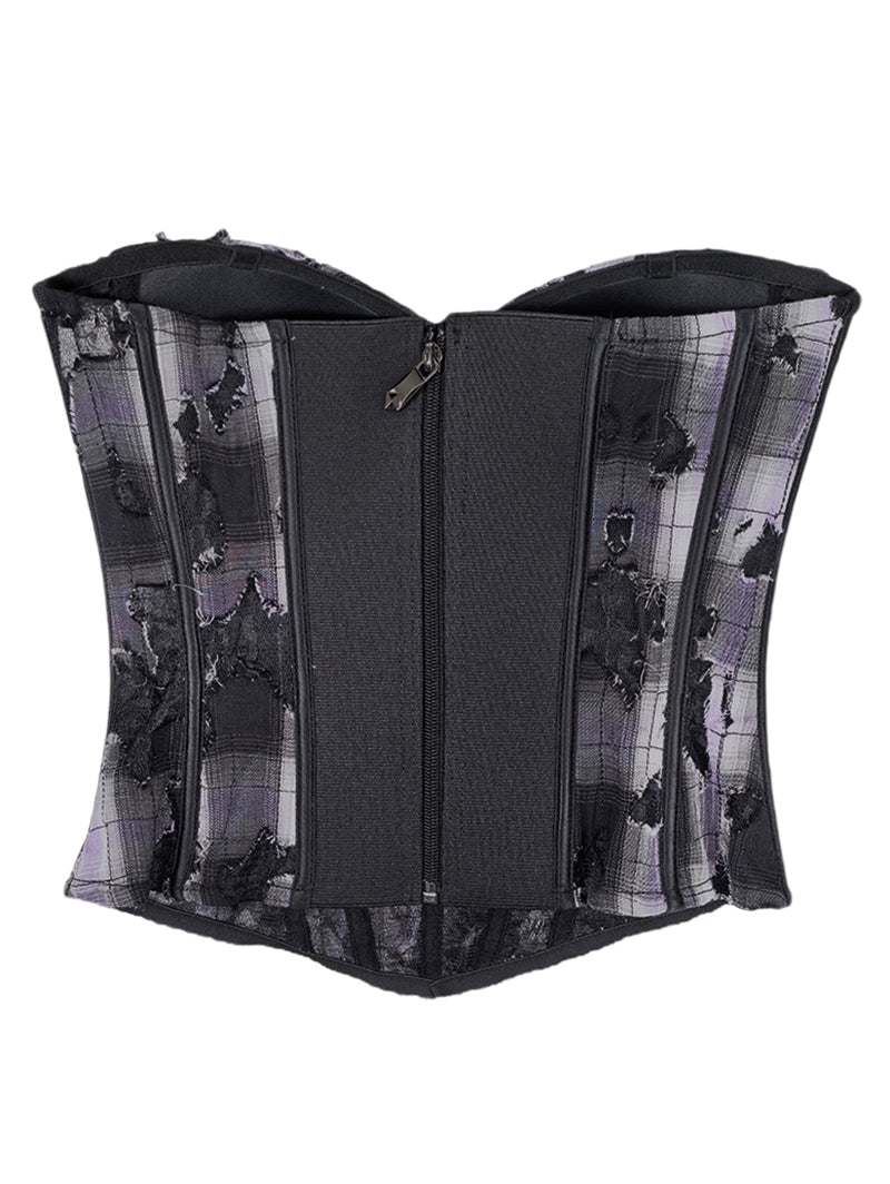 Black & Lavender Plaid Lace Patchwork Cami Corset Top - Retro Y2K Slim-Fit Bustier