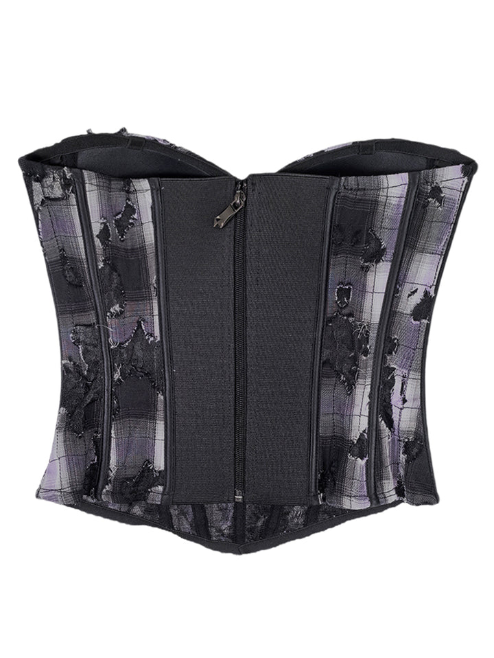 Black & Lavender Plaid Lace Patchwork Cami Corset Top - Retro Y2K Slim-Fit Bustier