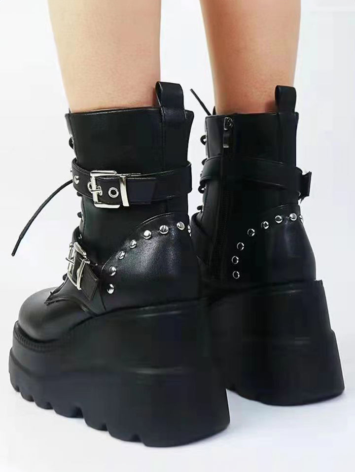 Gothic Chain Detail Chunky Sole Fashionable Double Buckle Straps Zipper Boots