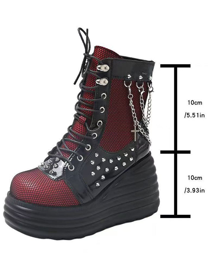 Gothic Lace Up Side Zipper Colorblock Rivet Chain Embellishment Martin Boots