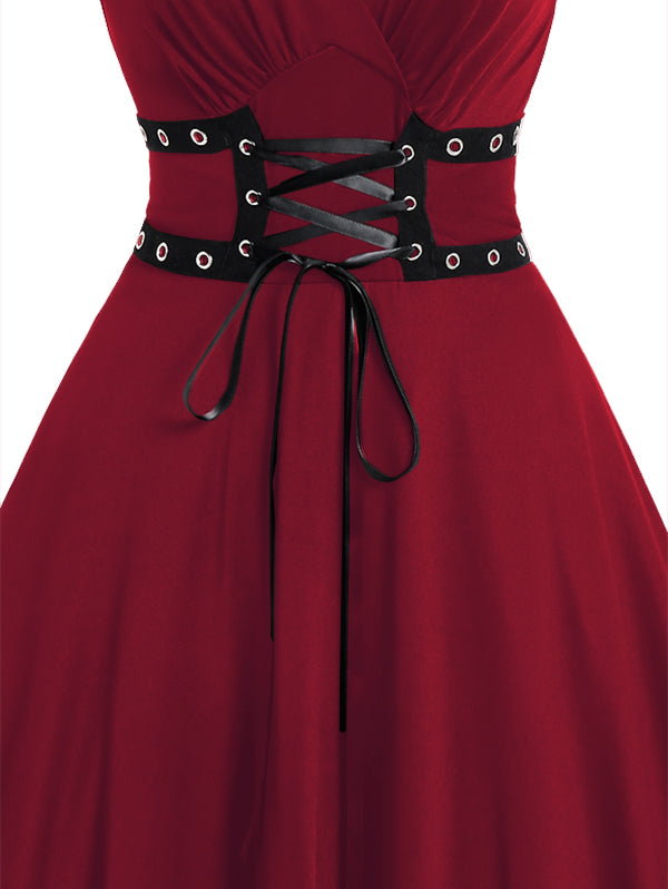 Gothic Grommet Lace Up Lace Panel High Waisted Dress